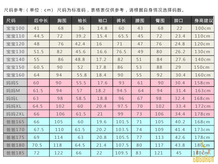 亲子装尺码表